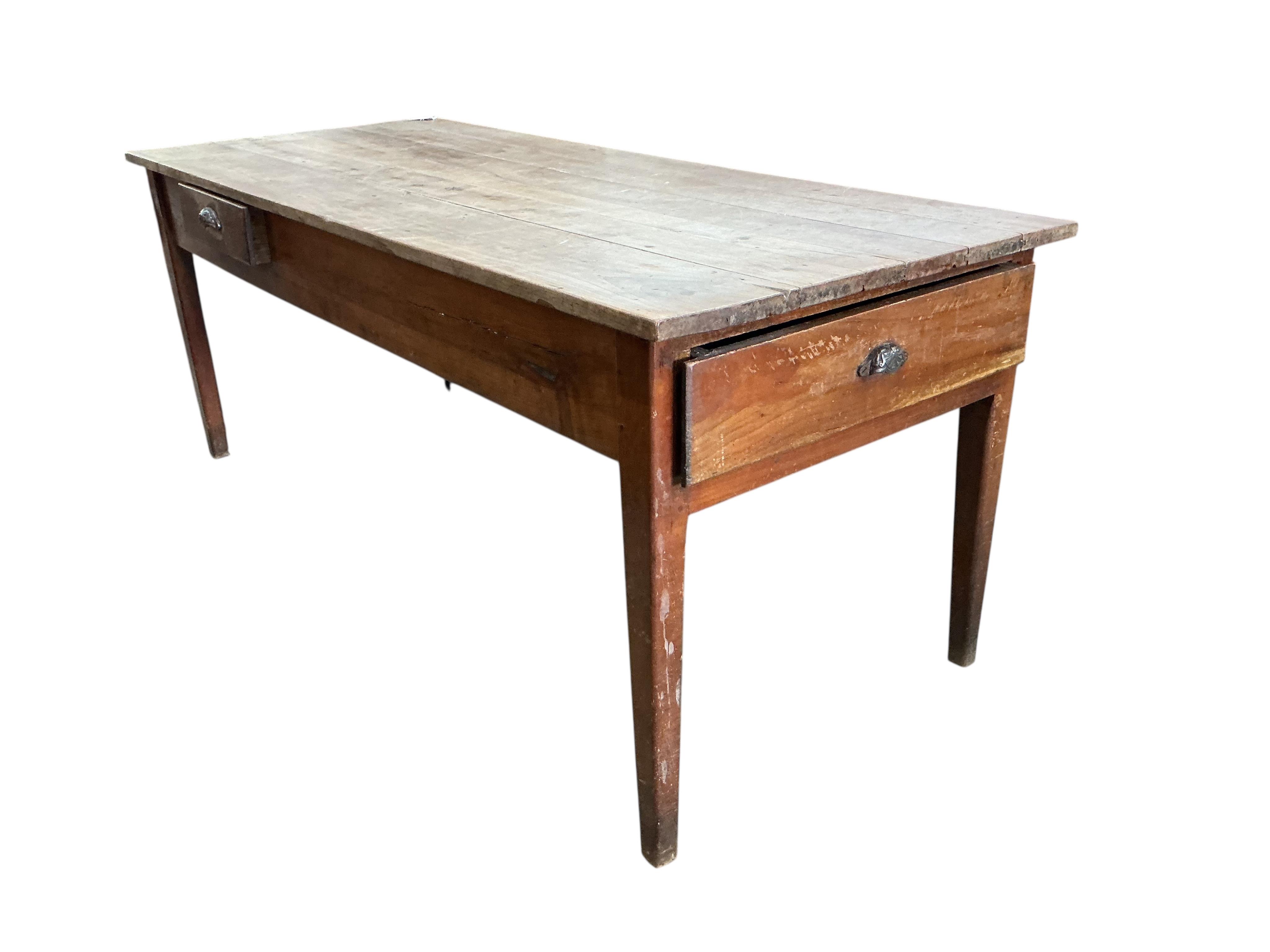 A 19th century French two drawer cherry kitchen table, width 192cm, depth 80cm, height 78cm